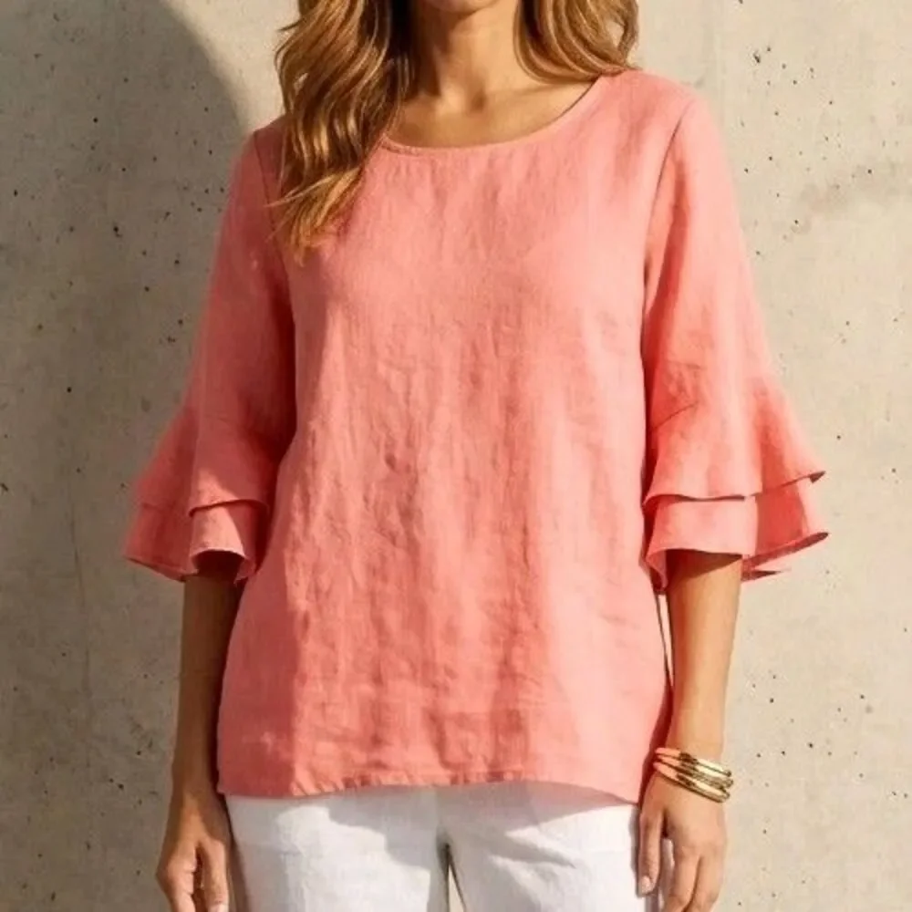 FOR CYNTHIA Womens 2X Coral 100% Linen Ruffled Bell Sleeve Top Blouse Shirt